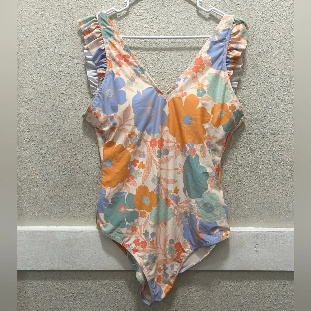Jessica Simpson Orange and Blue Floral Ruffle V-Neck Swimsuit XL (Small flaws)